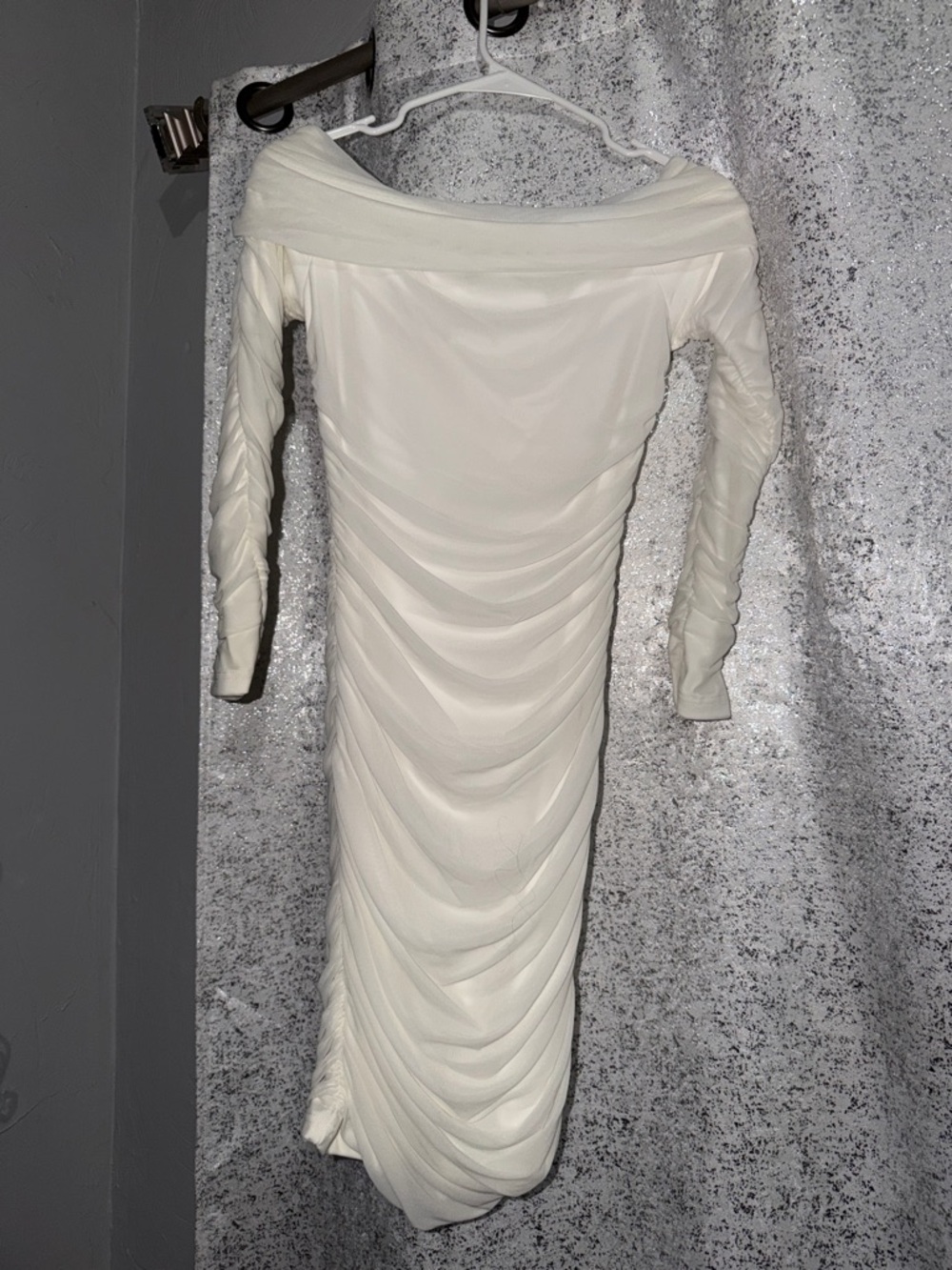 Off-the-Shoulder Cream Ruched Long-Sleeve Midi Dress